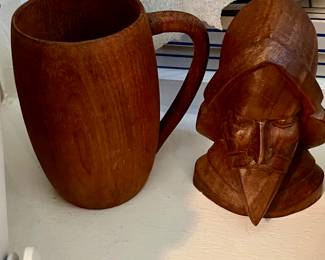 Hand carved wood mug and sculpture