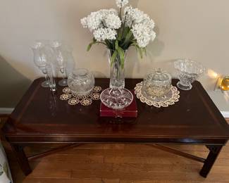 Beautiful "Lane" wood coffee table and 2 matching end tables, crystal and glass pumpkin candy dish