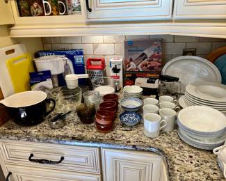 Brita water filter pitcher, white Crate & Barrel bowls and Corelle set