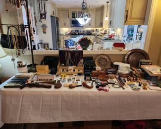 Jewelry, Polish wood boxes, Olympic pins, Cross pens, binoculars, Dooney & Bourke purse and more