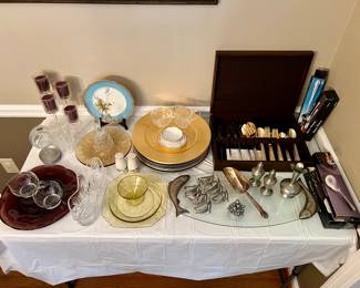 Vintage depression glassware, crystal, etched glass cream & sugar, salt & pepper, pewter, Limoges, gold tone Faberware flatware set