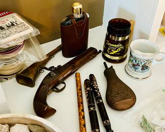 Vintage metal powder horn, glass flask in leather case, handmade wooden flutes