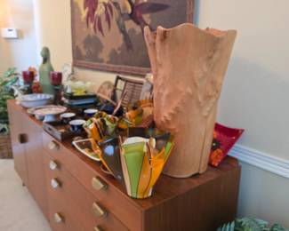 Hand made Pendant light fixtures, hand carved wood art, vases and plates