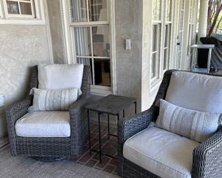 Outdoor Swivel Chairs and Side Table. Sold Separatley.