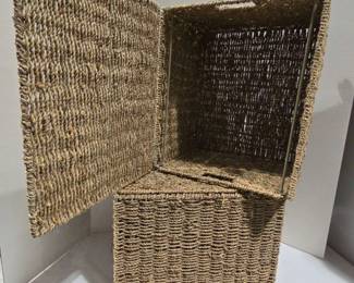 Two Woven Basket With Lids On Wheels