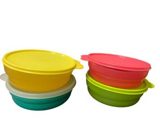 Four colorful Tupperware and lids 
