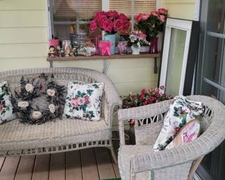 White Wicker Settee with Matching Pair of White Wicker Arm Chairs
