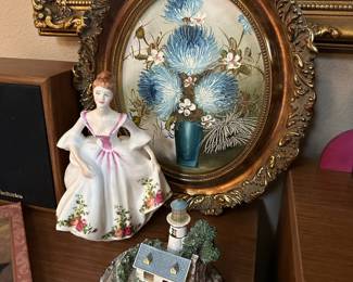 Royal Doulton “Country Rose” Figurine, Circular Framed Floral Still Life Oil Painting by Rispoli, Thomas Kinkade "A Light in the Storm" House Figurine
