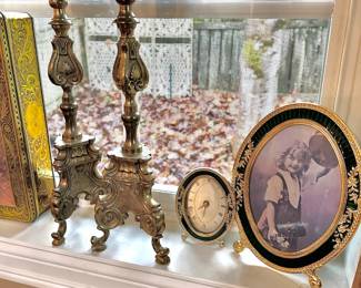 Pair of French Brass Altar Candlesticks, Jade & Gold Tone Mini Desk Clock, Baroque Style Oval Gold Tone and Black Picture Frame