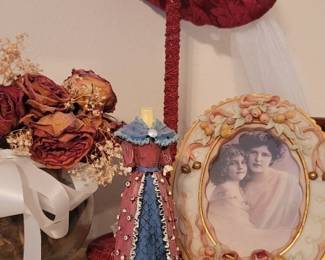 Large Maroon Velvet Doll Bonnet with Lace on Stand, Victorian Dress & Shoes Figurine, Sorrento Frame Collection Picture Frame