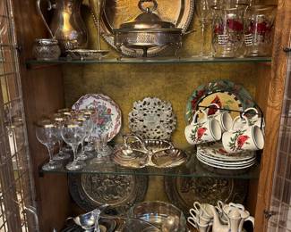 Silver Plated Footed Pitcher, Silver Plated Footed Server Covered Dish, Set of 6 "Classique" Gold Rimmed Wine Glasses, Pair of Cardinal Holiday Candle Tealight Holders, Set of 4 American Atelier "Christmas Woodland" Cardinal Mug and 4 Bread & Butter Plates