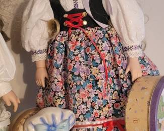 Fred Roberts Betsy Ross Figural Music Box, 1990 Goebel Bette Ball Porcelain German Doll with Drindl Ensemble