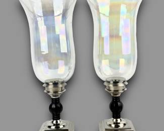 #83 • Two Large Contemporary Iridescent Hurricane Glass and Metal Candleholders
LUX.BID