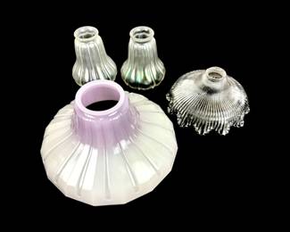 #82 • 1920’s Frosted Amethyst and Clear Holophane Shade, Two Iridescent Sconce or Pendant Shades
LUX.BID