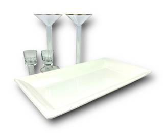 #110 • Large White Serving Tray, Tall Glass Candlesticks - Crate & Barrel, Danish Sherry Glasses
LUX.BID