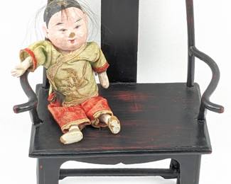 #63 • Mini Chinese Yoke Back Metal Chair & Vintage Doll
