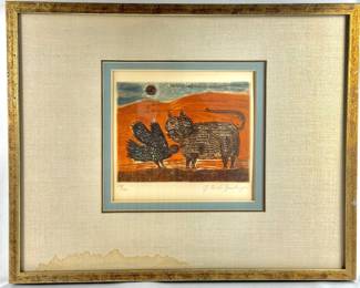 #40 • Graciela Rodo-Boulanger: “Bird and Cat” LE #114/120 Framed Pencil Etching                                                       LUX.BID