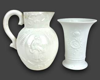 #69 • Mintons 18th Century White Raised Relief Bone China Pitcher And AK Kaiser Germany Bisque Matte White Porcelain Vase
LUX.BID