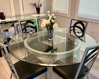 round glass top table with 4 chairs, 54” diameter
