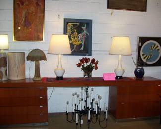 LONG 1960'S CREDENZA W/DRAWERS - VTG. LAMPS - CHANDELIER UNDERNEATH - ETC