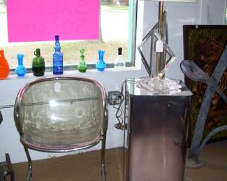 LUCITE /CHROME CHAIR - LUCITE LAMP - PEDESTAL