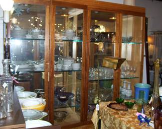 2 LIGHTED WOOD/GLASS DISPLAY CABINETS  - ETC