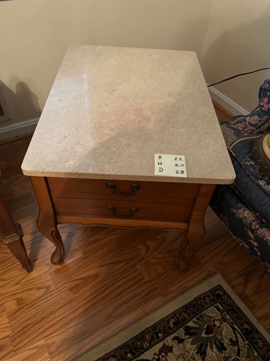 End table, marble top with drawer. 
Height 22, width 20, depth 28
