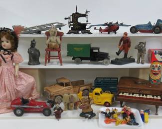 Toys: hard plastic dolls, Ray Cox thimble drones, banks, battery op and toy soldiers