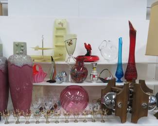 Mid Century Modern lamps, Hickman floor vases, LE Smith vases, spun fiberglass, fish bottles, Blenko style fish, Pilgrim glass, murano, steuban and bacarrat, cocktail swords and barware