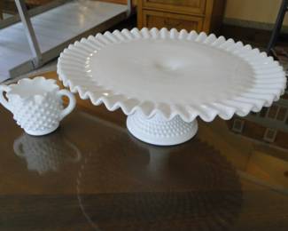 Milk glass cake plate and sugar bowl