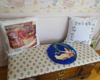 Cedar Chest and pillows and a serving plate