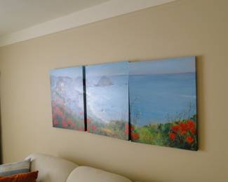 Three panel work of art original painted by the Estate.  We like to call this one  "Three panel work of art with Poppies at the Seashore"