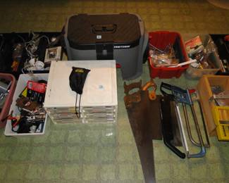 Bins filled with items and tools