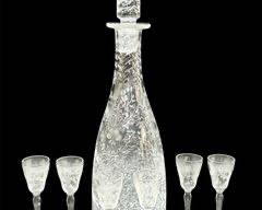 Fine Wheel Cut By Hand Vintage Polished Pontil Embossed Decanter With 6 Miniature Goblets Stemed Crystal Glasses
