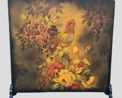 Antique Printed Canvas Parrot Floral Art Fireplace Screen