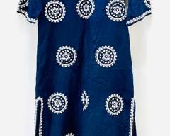 TORY BURCH Navy Cotton Caftan Style Long Dress with Folkloric White Embroidery/Mirror Medallions and Trim. Hippie Boho. Knee-length Side Slits,Elbow Length Sleeves, Size Large