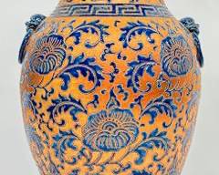 Tall Signed Asian Glazed Art Pottery Vase with Dragon Side Handles