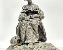 Antique BOITE Antique Bronze Statue of Women sitting with Roses on Marble Base