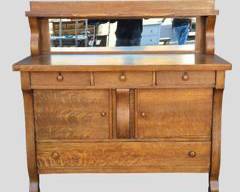 Antique Early 20th Century Solid Oak Wood Side Board With 4 Drawers and 2 Doors Dovetailed Construction