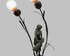 Antique Metal Figural Lady Harvesting Wheat With Tall Floral beaded lights Table light on Marble Base