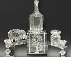 Fine WATERFORD Crystal Lismore Jar With Lid and Assorted Crystal Candle Holders, Decabter With Stopper, Lucite Tree With Birds Reversed Sculpture, and Elephant Figural Box With Lid