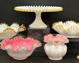 Fine LENOX and WEDGWOOD Pink Candle Holder, Vase, and Fenton Style Milk Glass Ruffled Cake Stand, Dishes, and Vase Lot