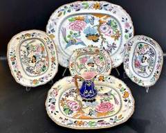 Antique Ashworth EnglishIronstone Hand Painted Flying Bird Oval Serving Bowls