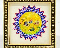 Vintage Persian Miniature Indian Mughal Painted on Oyster Shell Inlaid Framed