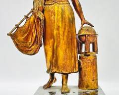 14.5" H Antique Gilt Bronze Lady with Flag and Globe on stand On Marble Base