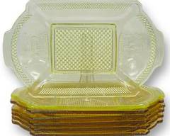 Set Of Seven Antique EAPG McKee Stagged Pattern Circ 19th Century Amber Deer Pine Tree Band Diamond Bread Plates