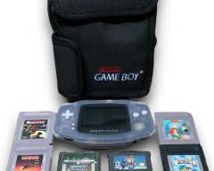 Nintendo Clear Glacier Game Boy Advance Model: AGB-001 And Case w/ x6 Games Including: Turn And Burn, Elite Soccer, The Little Mermaid, Monster Rancher Battle Card GB, Tetris Worlds, And Bionic Commando Elite Forces
