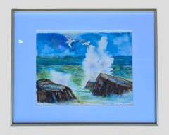 H.E. Read Furrow Signed 2006 "Seagulls" Seascape Watercolor in Silver Tone Frame