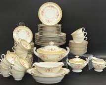 Fine KINGSWOOD Aragon China Dinner Plates, Salad Plates, Desert Plates, Tea Cups, Saucers, Tureen With Lod, Gravy Boat, and Oval Bowl