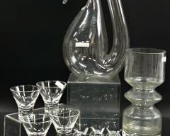 Vintage TANQUERAY Martini Glasses, RIEDAL AYAM STYLE Wine Decanter Hopped Blown Glass Vase, Bunny Candle Holders, and Picture Frame MCM Mid Century Modern Art Glass